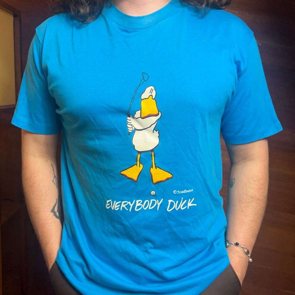 VINTAGE 90s Funny Golfing Duck T-Shirt Size M Single Stitch Diamond Blue